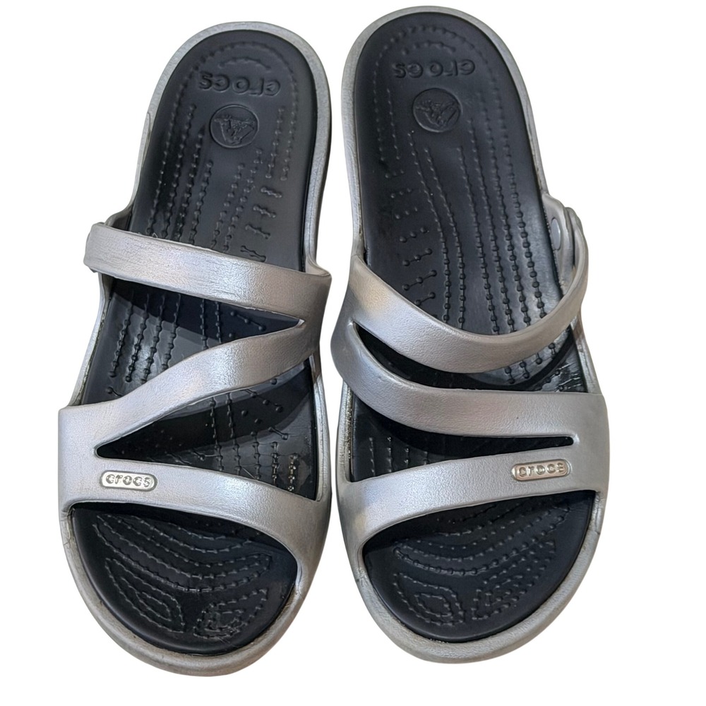 Crocs Meleen Twist Sandals Womens 8 Silver Black Croslite Slide Low Wedge Casual